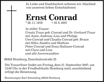 Todesanzeige von Ernst Conrad von SAARBRÜCKER ZEITUNG