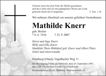 Todesanzeige von Mathilde Knerr von SAARBRÜCKER ZEITUNG