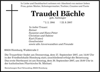 Todesanzeige von Traudel Bächle von SAARBRÜCKER ZEITUNG