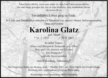 Todesanzeige von Karolina Glatz von SAARBRÜCKER ZEITUNG