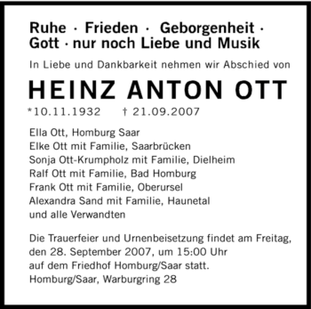 Todesanzeige von Heinz Anton Ott von SAARBRÜCKER ZEITUNG