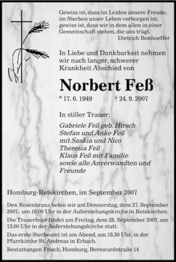 Todesanzeige von Norbert Feß von SAARBRÜCKER ZEITUNG