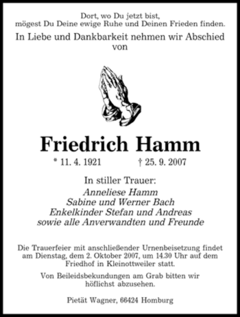 Todesanzeige von Friedrich Hamm von SAARBRÜCKER ZEITUNG