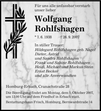 Todesanzeige von Wolfgang Rohlfshagen von SAARBRÜCKER ZEITUNG