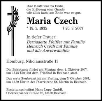 Todesanzeige von Maria Czech von SAARBRÜCKER ZEITUNG