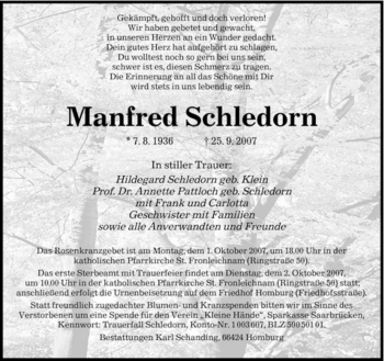 Todesanzeige von Manfred Schledorn von SAARBRÜCKER ZEITUNG