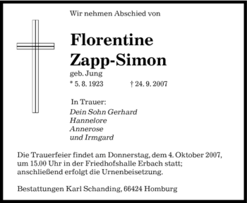 Todesanzeige von Florentine Zapp-Simon von SAARBRÜCKER ZEITUNG