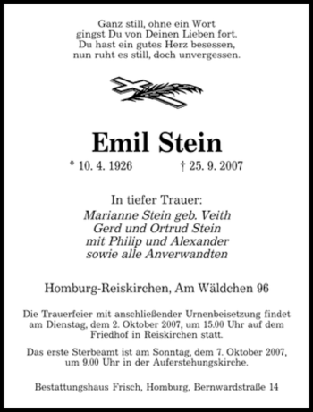 Todesanzeige von Emil Stein von SAARBRÜCKER ZEITUNG