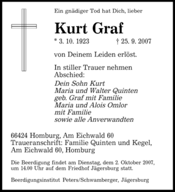 Todesanzeige von Kurt Graf von SAARBRÜCKER ZEITUNG