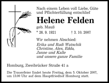 Todesanzeige von Helene Felden von SAARBRÜCKER ZEITUNG