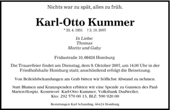 Todesanzeige von Karl-Otto Kummer von SAARBRÜCKER ZEITUNG