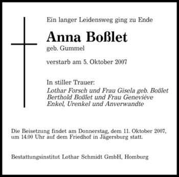 Todesanzeige von Anna Boßlet von SAARBRÜCKER ZEITUNG