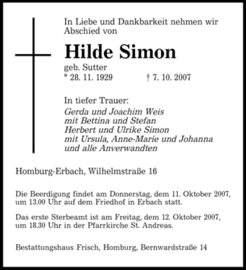 Todesanzeige von Hilde Simon von SAARBRÜCKER ZEITUNG