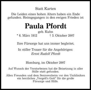 Todesanzeige von Paula Pfordt von SAARBRÜCKER ZEITUNG