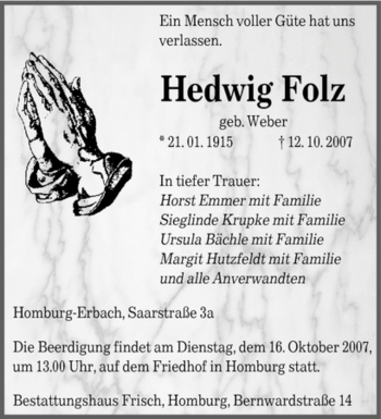 Todesanzeige von Hedwig Folz von SAARBRÜCKER ZEITUNG