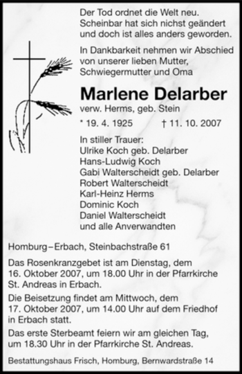 Todesanzeige von Marlene Delarber von SAARBRÜCKER ZEITUNG