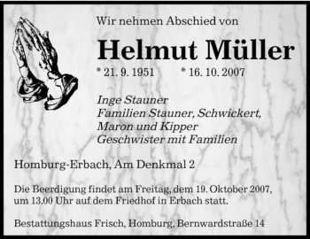 Todesanzeige von Helmut Müller von SAARBRÜCKER ZEITUNG