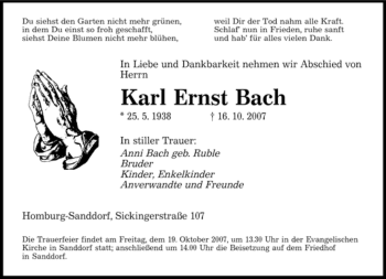 Todesanzeige von Karl Ernst Bach von SAARBRÜCKER ZEITUNG