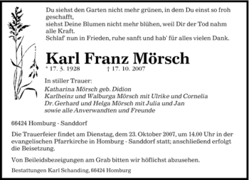 Todesanzeige von Karl Franz Mörsch von SAARBRÜCKER ZEITUNG