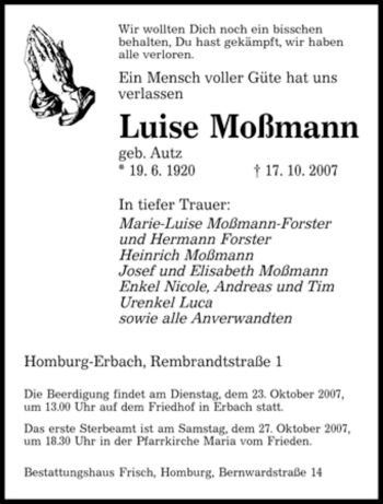 Todesanzeige von Luise Moßmann von SAARBRÜCKER ZEITUNG