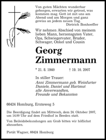 Todesanzeige von Georg Zimmermann von SAARBRÜCKER ZEITUNG