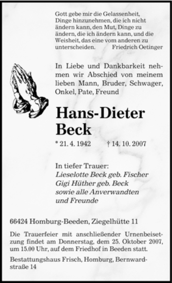 Todesanzeige von Hans-Dieter Beck von SAARBRÜCKER ZEITUNG