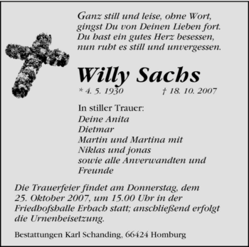 Todesanzeige von Willy Sachs von SAARBRÜCKER ZEITUNG