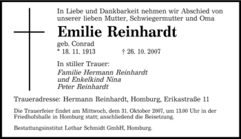 Todesanzeige von Emilie Reinhardt von SAARBRÜCKER ZEITUNG