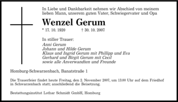 Todesanzeige von Gerum Wenzel von SAARBRÜCKER ZEITUNG