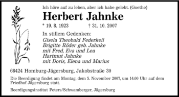 Todesanzeige von Herbert Jahnke von SAARBRÜCKER ZEITUNG