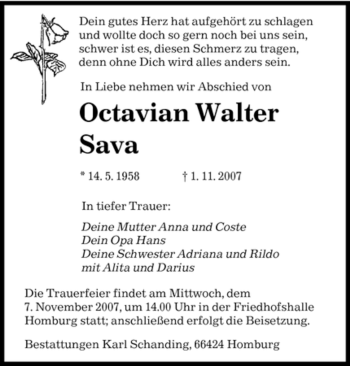 Todesanzeige von Octavian Walter Sava von SAARBRÜCKER ZEITUNG