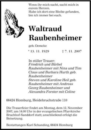 Todesanzeige von Waltraud Raubenheimer von SAARBRÜCKER ZEITUNG