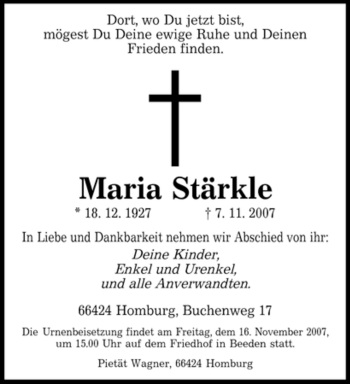 Todesanzeige von Maria Stärkle von SAARBRÜCKER ZEITUNG