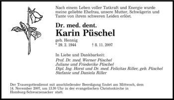 Todesanzeige von Karin Püschel von SAARBRÜCKER ZEITUNG