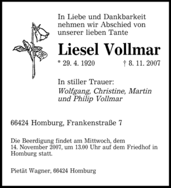 Todesanzeige von Liesel Vollmar von SAARBRÜCKER ZEITUNG