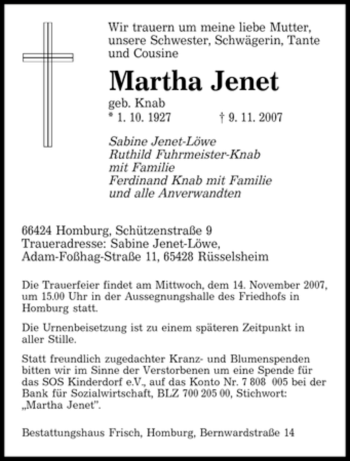 Todesanzeige von Martha Jenet von SAARBRÜCKER ZEITUNG