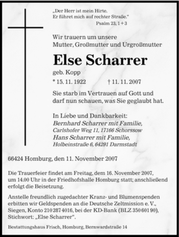 Todesanzeige von Else Scharrer von SAARBRÜCKER ZEITUNG