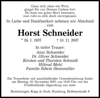 Todesanzeige von Horst Schneider von SAARBRÜCKER ZEITUNG