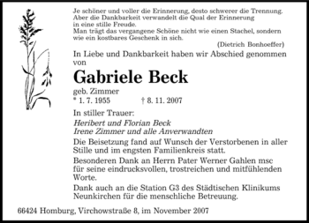 Todesanzeige von Gabriele Beck von SAARBRÜCKER ZEITUNG