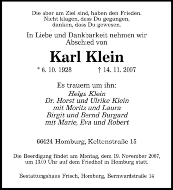 Todesanzeige von Karl Klein von SAARBRÜCKER ZEITUNG