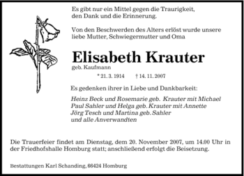 Todesanzeige von Elisabeth Mittel von SAARBRÜCKER ZEITUNG