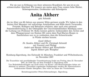 Todesanzeige von Anita Altherr von SAARBRÜCKER ZEITUNG