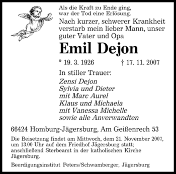 Todesanzeige von Emil Dejon von SAARBRÜCKER ZEITUNG