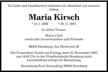 Todesanzeige von Maria Kirsch von SAARBRÜCKER ZEITUNG