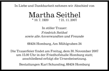 Todesanzeige von Martha Seithel von SAARBRÜCKER ZEITUNG