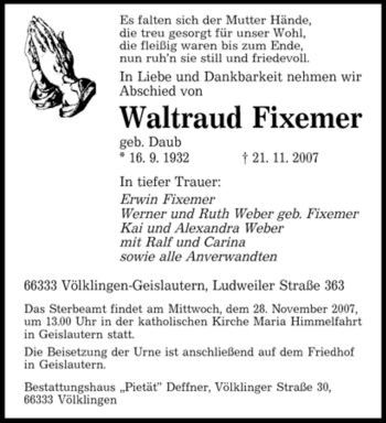 Todesanzeige von Waltraud Fixemer von SAARBRÜCKER ZEITUNG