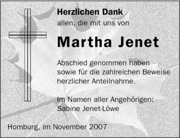 Todesanzeige von Martha Jenet von SAARBRÜCKER ZEITUNG