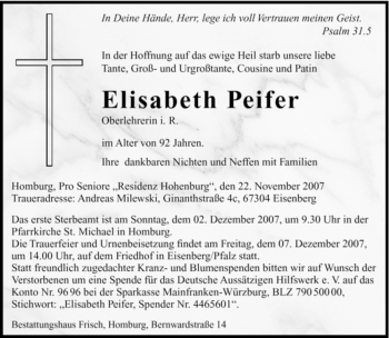 Todesanzeige von Elisabeth Peifer von SAARBRÜCKER ZEITUNG