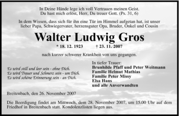 Todesanzeige von Walter Ludwig Gros von SAARBRÜCKER ZEITUNG