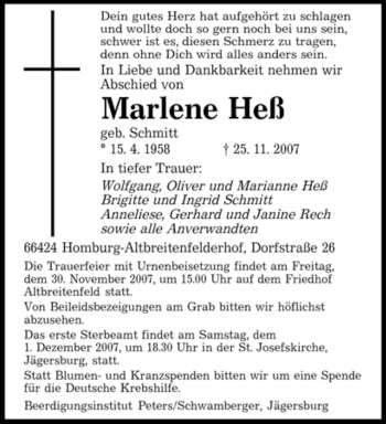 Todesanzeige von Marlene Heß von SAARBRÜCKER ZEITUNG